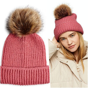 Topshop Pink Knitted Fur Pom Pom Beanie Cute Hat